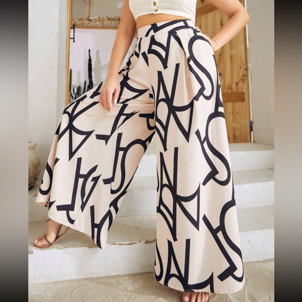 Plus Size Boho Alphabet Letter Print Pocket High Waist Wide Leg Palazzo Pants - Picture 1 of 6